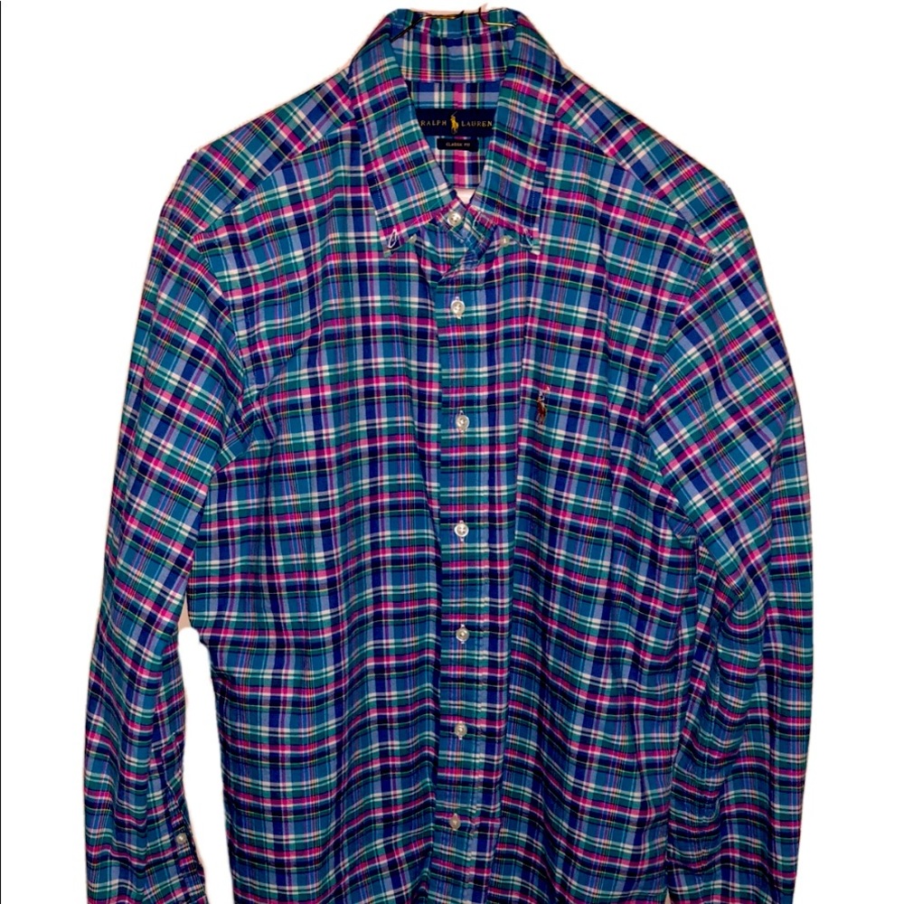 Ralph Lauren Blue Stripped Men's Classic Fit 100% Cotton - White Logo - Large